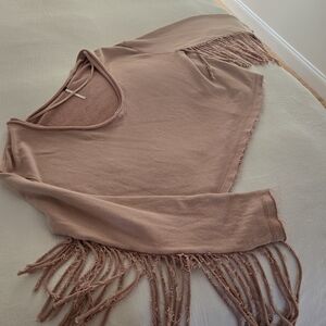 We The Free Mauve Fringed Off-the-Shoulder Sweater